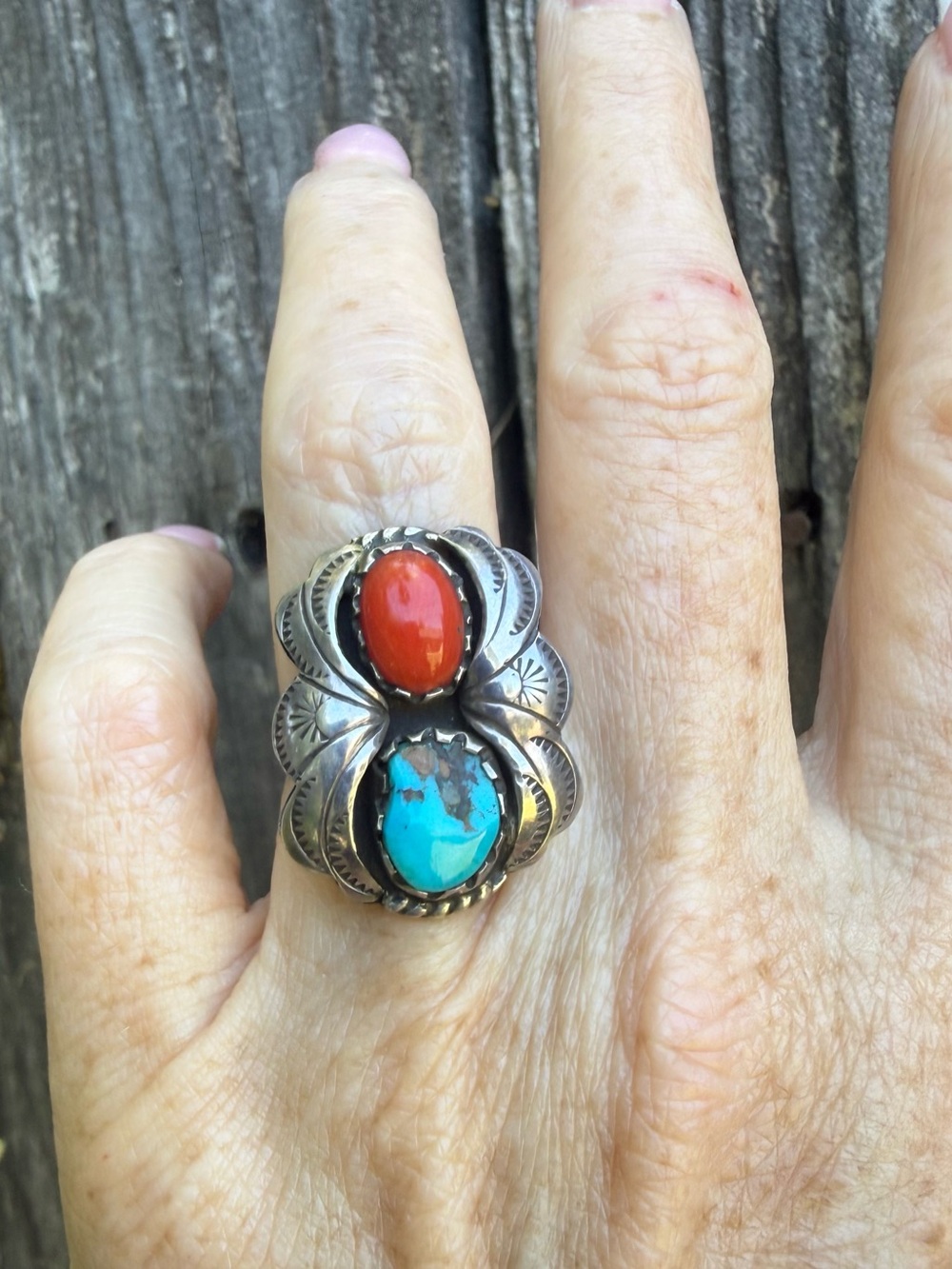 Vintage Navajo Sterling Silver Turquoise & Red Coral Ring Size 6.5 LESS ON I G - Picture 3 of 7